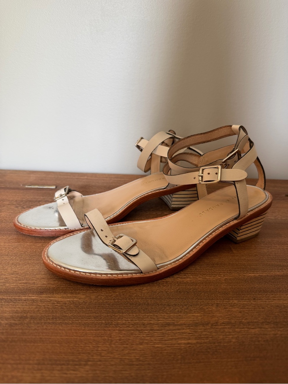 Loeffler Randall Cream Leather Double Strap Low Heel Sandals Sz 8 Quiet Luxury